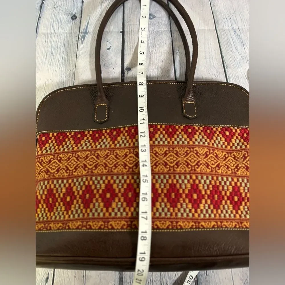 John Heaton Weekender Dark Chocolate Brown Leather Tapestry Boho Shoulder Purse